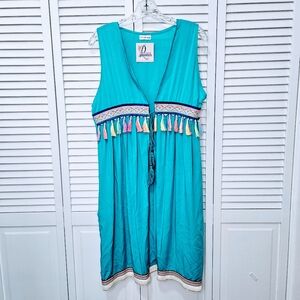 Desheng Sleeveless Summer Kimono Teal with Multicolor Tassels Women's S/M NEW